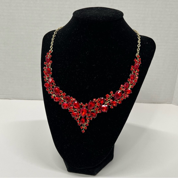 Red Floral Statement Necklace Bib Drop Earrings Jewelry Holiday Set Gold Rose gf - Picture 8 of 16